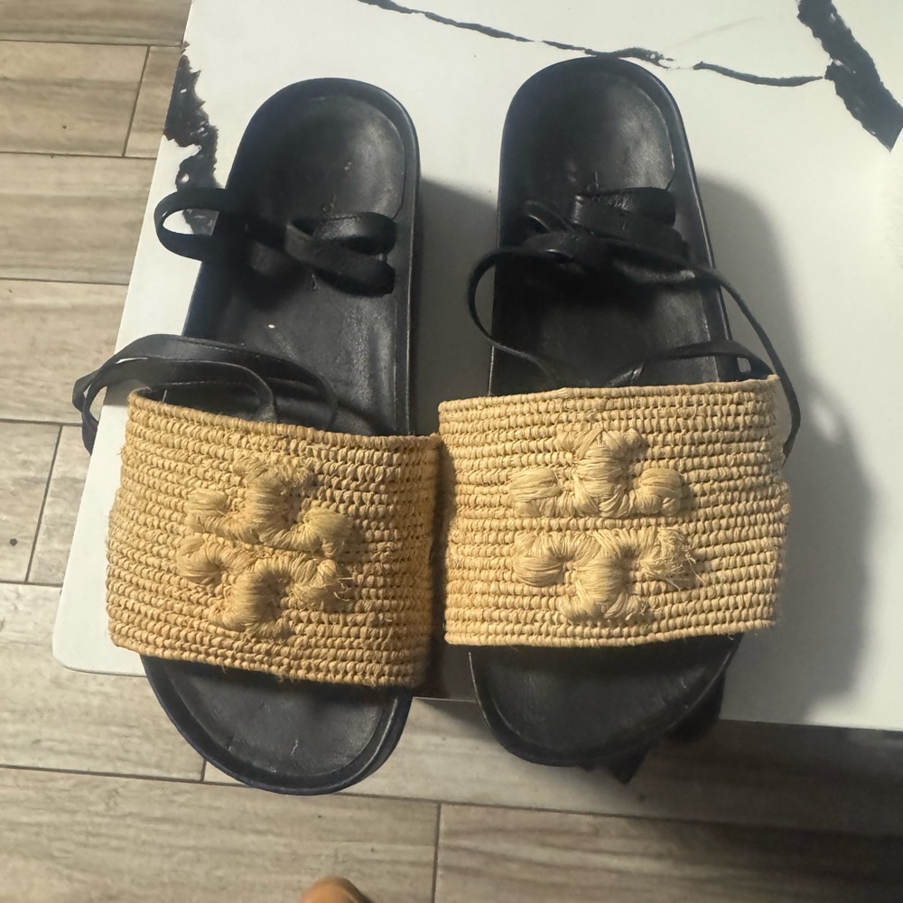 Tory Burch Black and Tan Woven Sandals